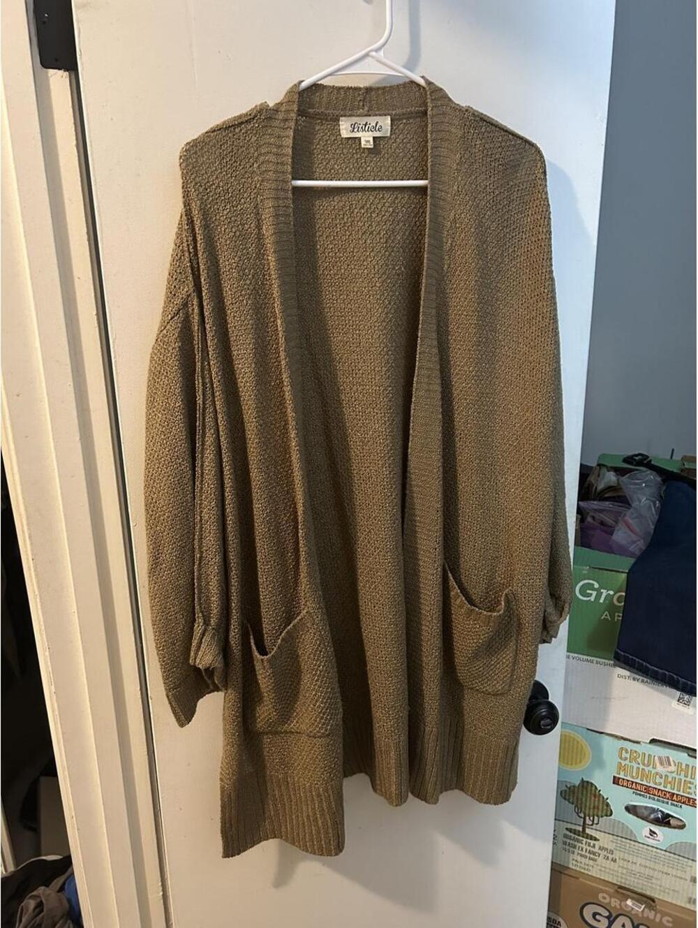 Listicle olive green oversized knit cardigan with pockets, size M